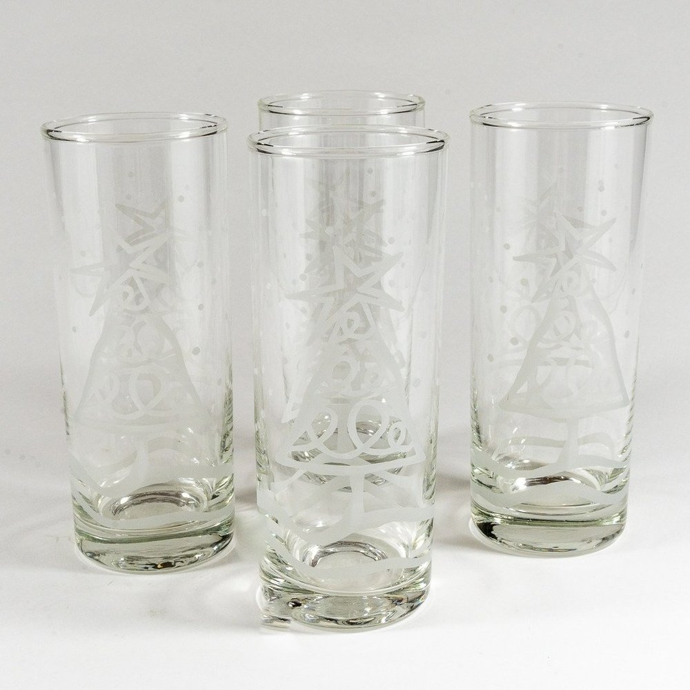 Crate & Barrel Christmas Tree Etched Highball Glasses, Set of 4